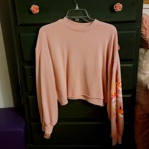 PINK brand crop top crewneck, light pink with floral accent sleeve